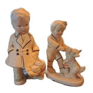Vintage 1940's  Lot of 2 Coventry Ware Boy with Dogs Chalkware Figurines